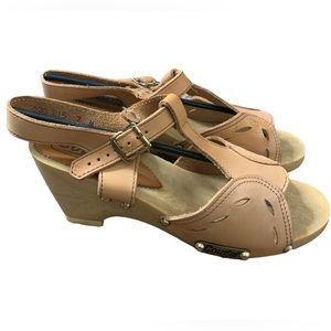 COUGAR Canada 70s/80s Style T Bar Leather Open Toe Mules With Block Heel Tan 7